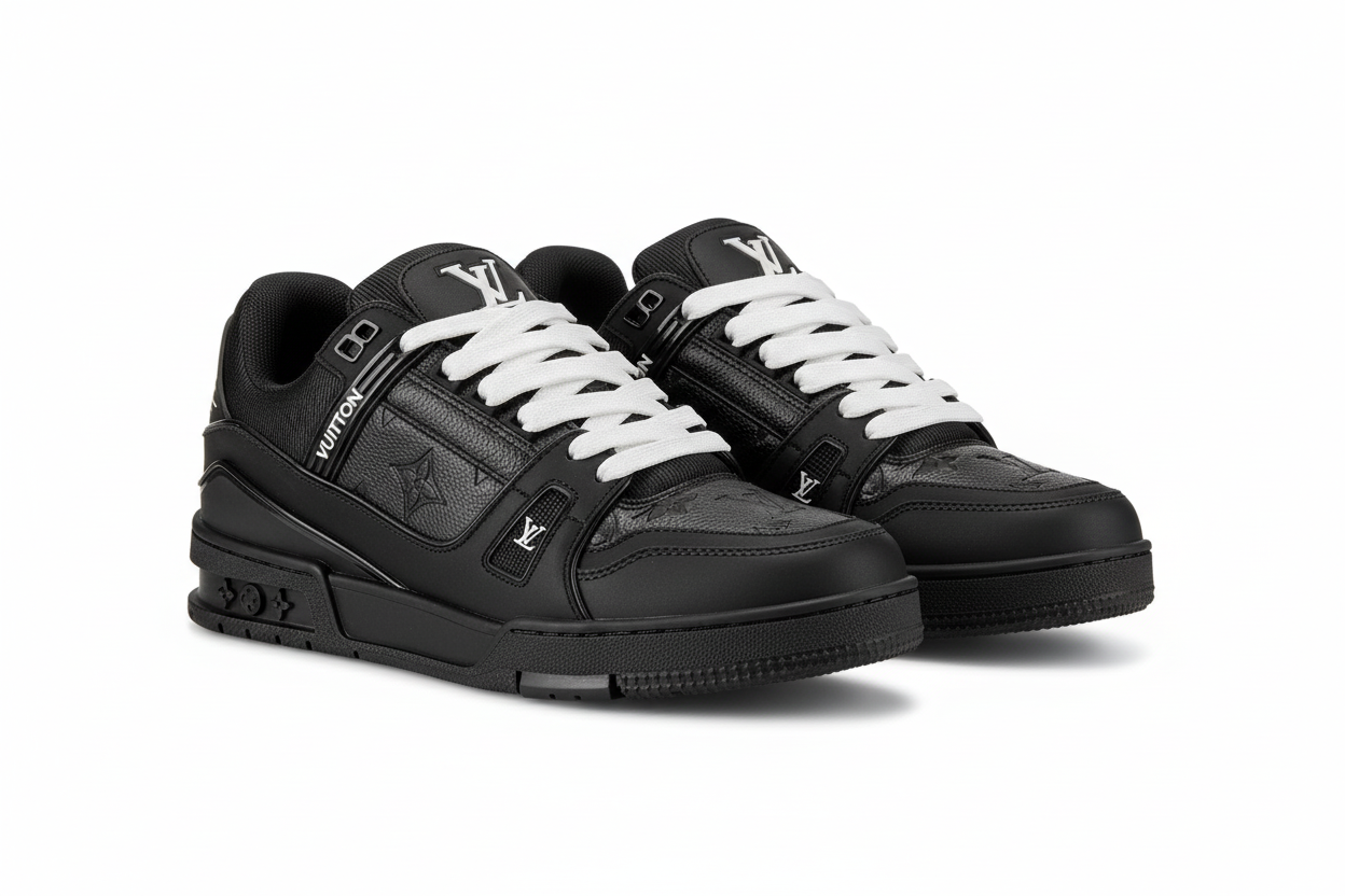 Baskets noires sur fond blanc