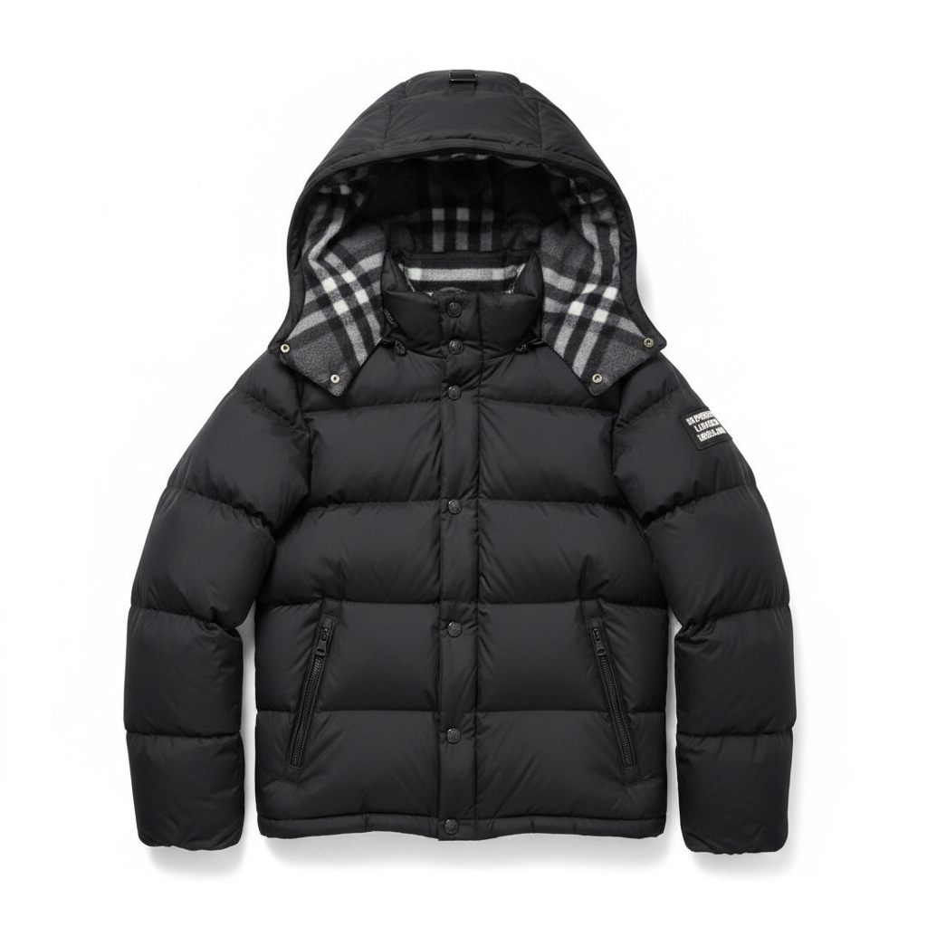 Veste puffer noire sur fond blanc